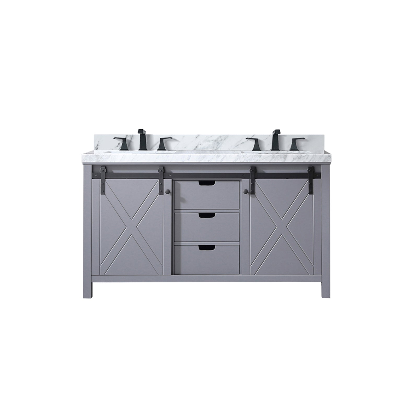 Dark grey 60-inch double bathroom vanity with Carrara marble countertop and faucet set from Anthony & Home Atelier Collection