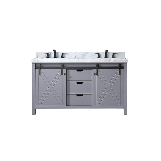 Dark grey 60-inch double bathroom vanity with Carrara marble countertop and faucet set from Anthony & Home Atelier Collection