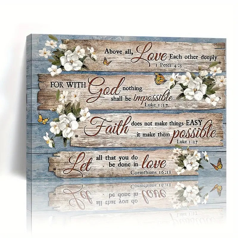1 Piece Wood Frame Canvas Painting, Christian Bible Verses Country Inspirational Bible Verses Flower Picture Wall Art Print For Home Decor, Living Room And Bedroom