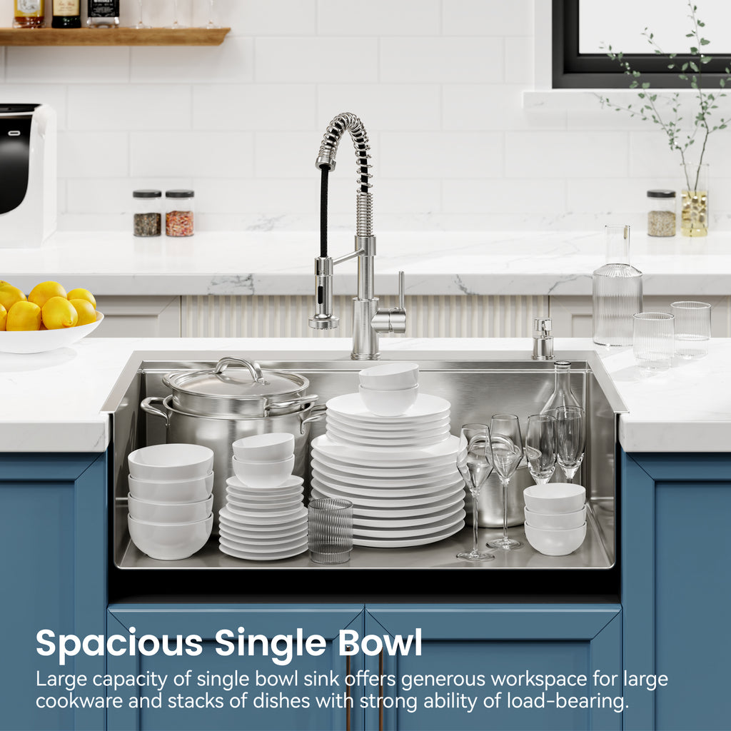 Anthony & Home brushed stainless steel kitchen sink with a single bowl, showcasing a modern, durable design.