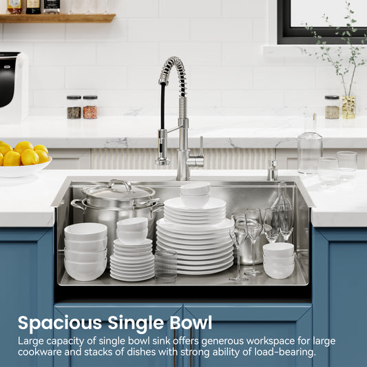 Anthony & Home brushed stainless steel kitchen sink with a single bowl, showcasing a modern, durable design.