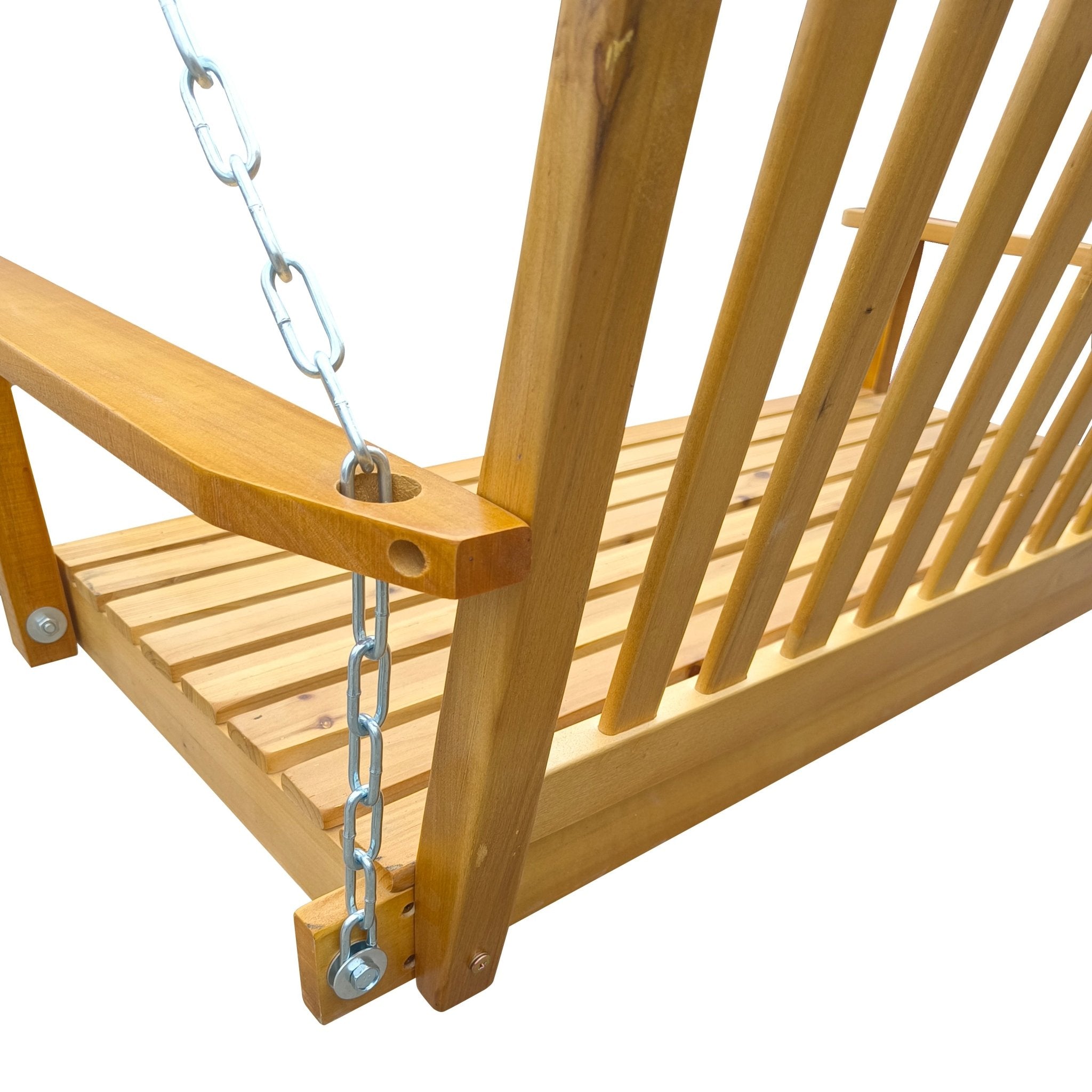 Teak wood porch swing with armrests and hanging chains from Anthony & Home Heritage Outdoor Collection, showing the sturdy design.