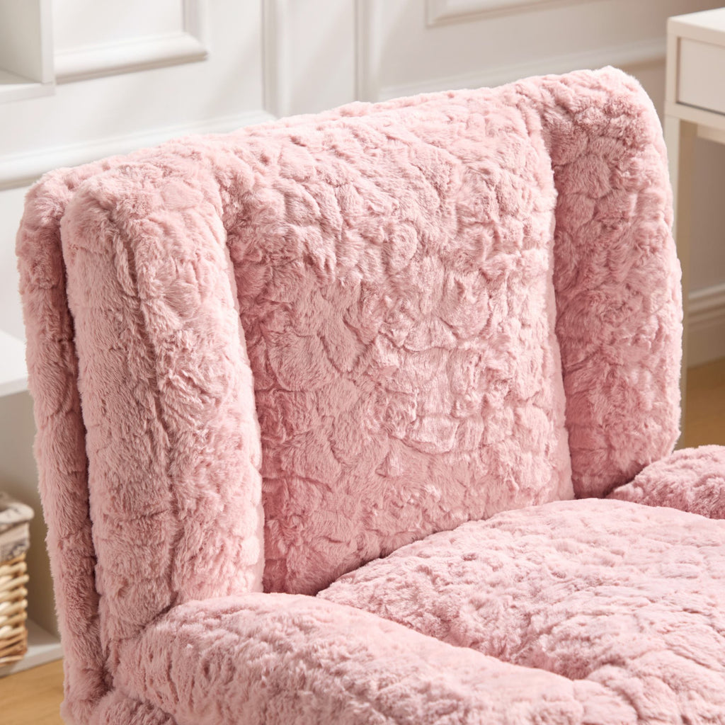 Anthony & Home Studio Pink Faux Rabbit Hair Office Chair with wide 26.4-inch seat and metal base, stylish and comfortable for office use.