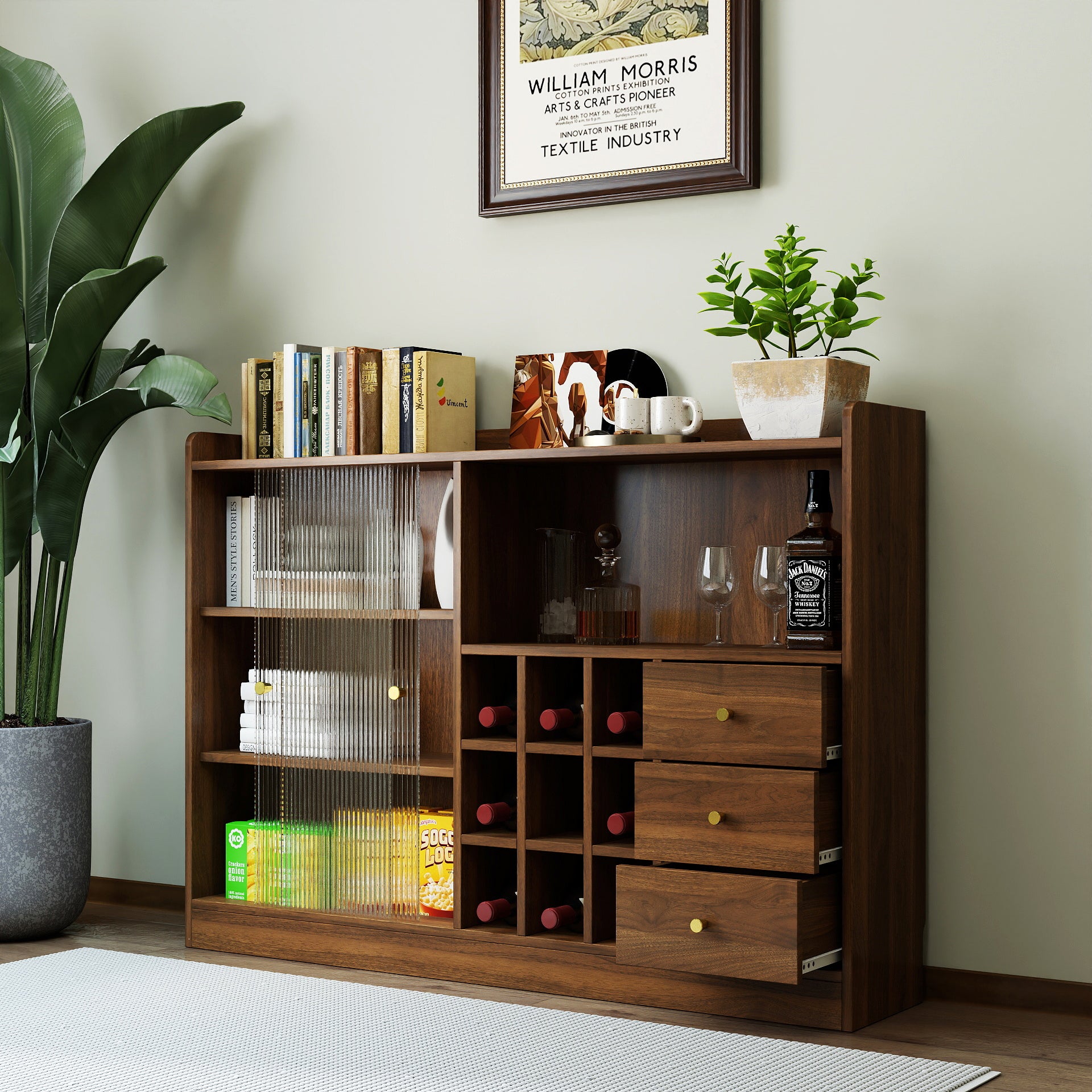 Anthony & Home sideboard with striped glass sliding doors, showcasing a modern wooden furniture piece with sleek design.