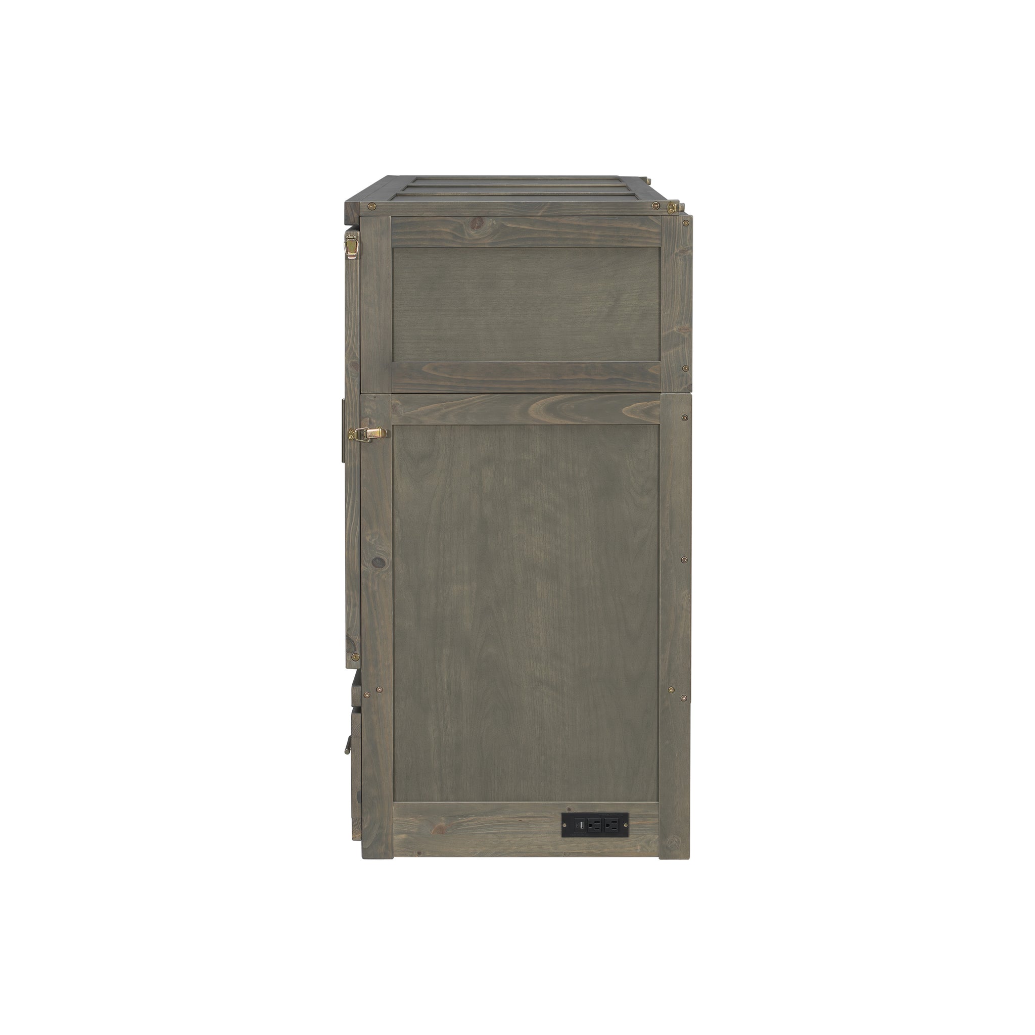 Queen Murphy bed in grey pine cabinet with geometric panel and USB charging, part of Anthony & Home Studio Collection.