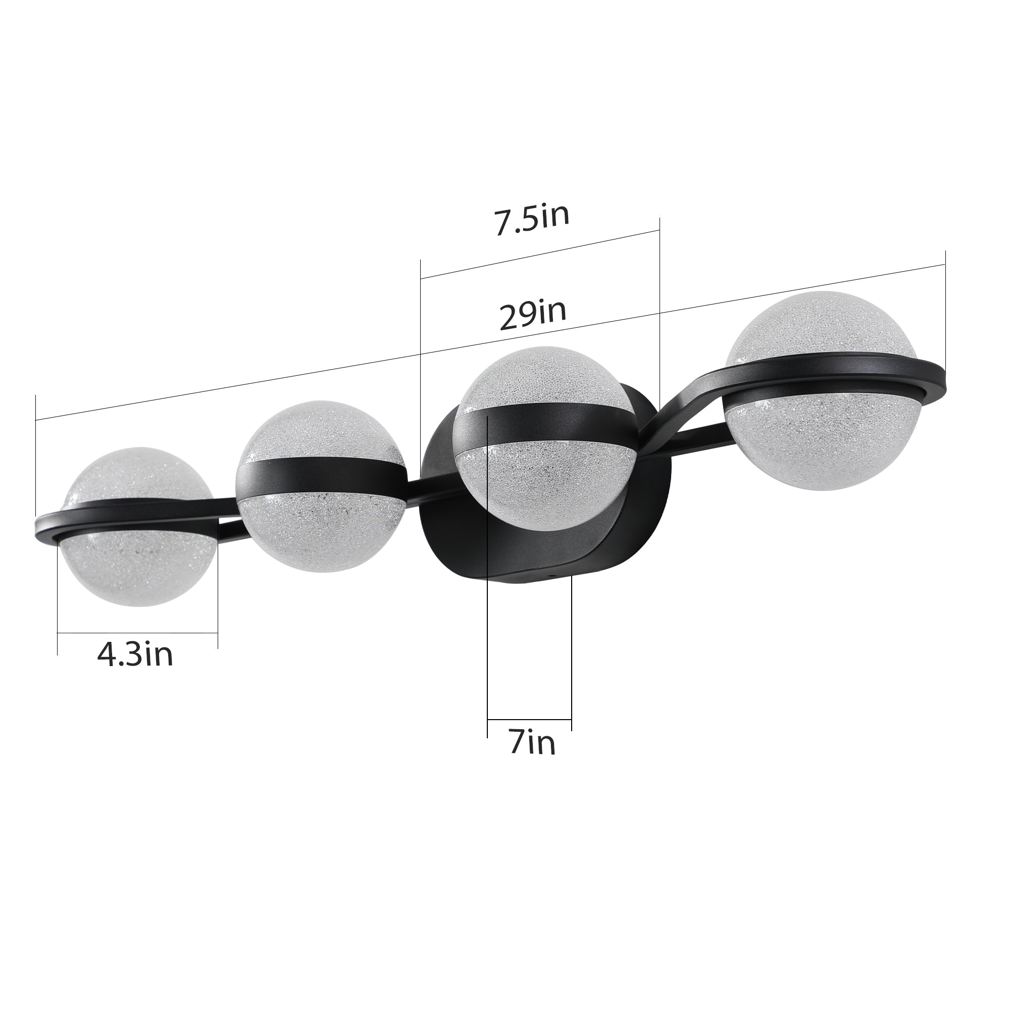 Black 4-light vanity fixture by Anthony & Home with crystal sand acrylic shades, designed for modern bathroom lighting.