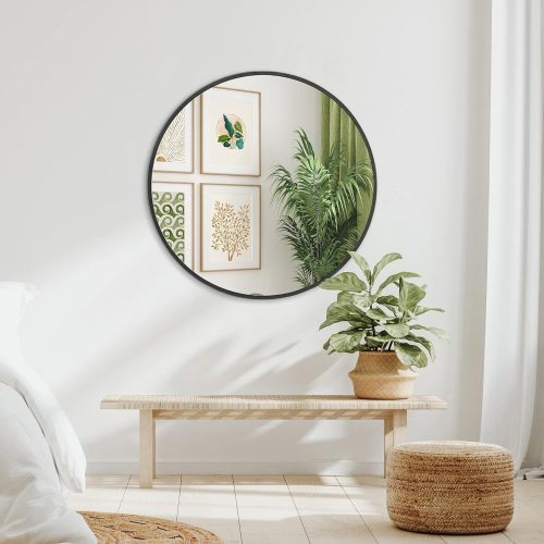 32 Inch Black Metal Framed Round Bathroom Mirror For Wall