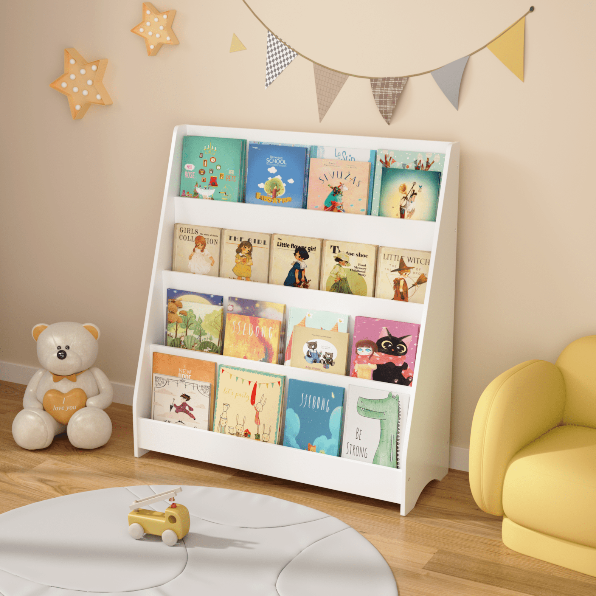 Kids bookshelf from Anthony & Home, exclusive edition, featuring colorful shelves and playful design for children's room organization.