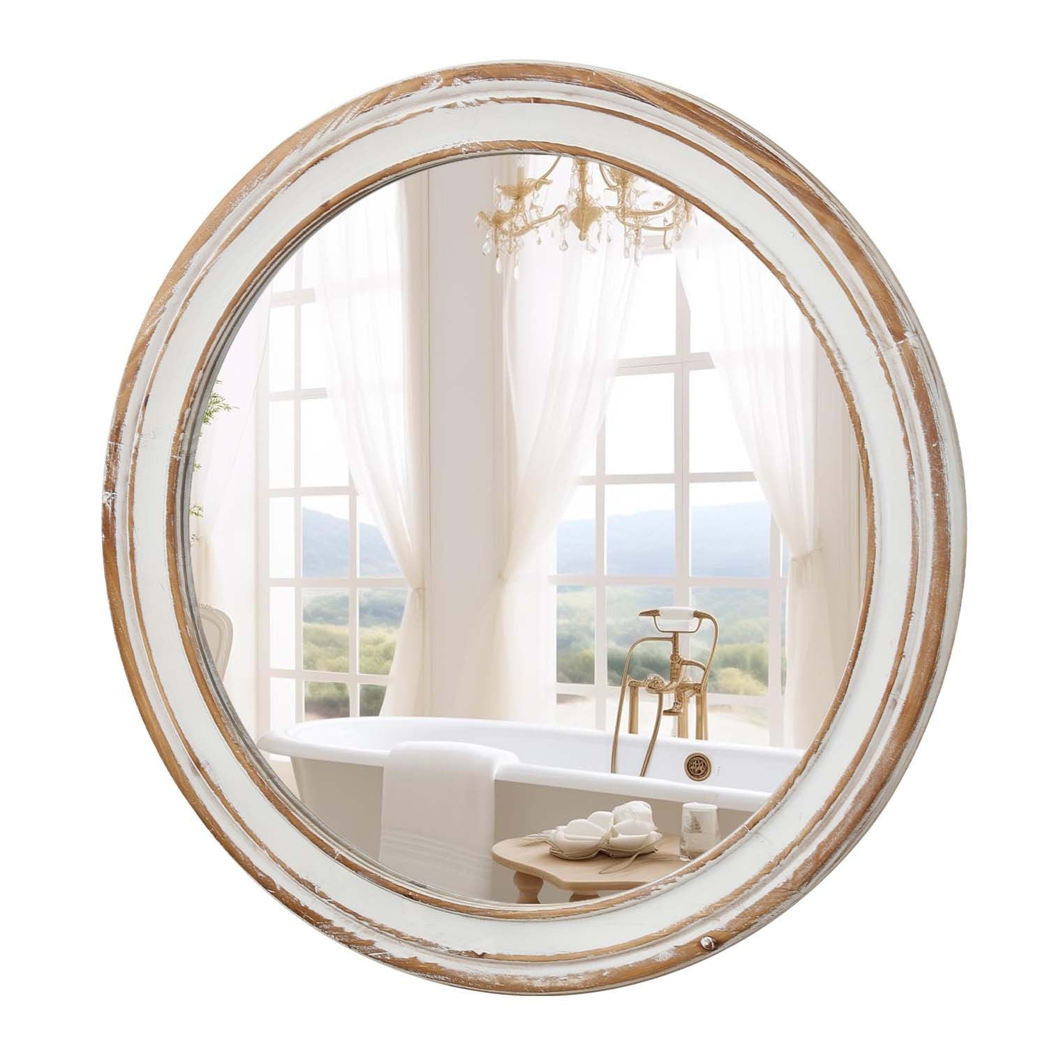 Heritage round wall mirror by Anthony & Home with distressed wood frame, reflecting light with a rustic, vintage style.