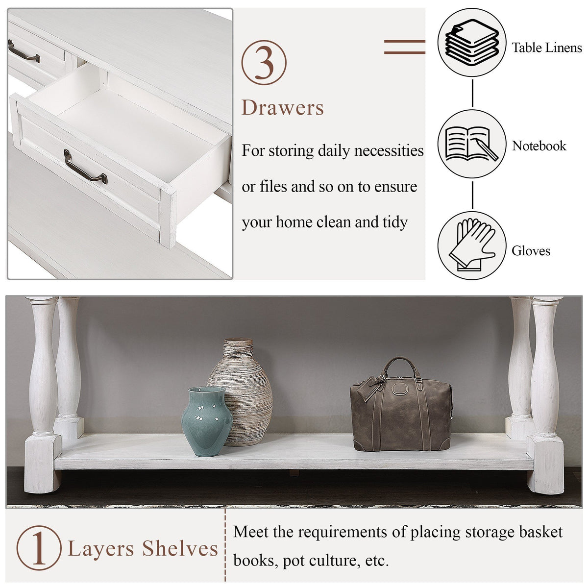 Antique white wood console table by Anthony & Home with 63-inch length, three drawers, bottom shelf, and easy assembly.