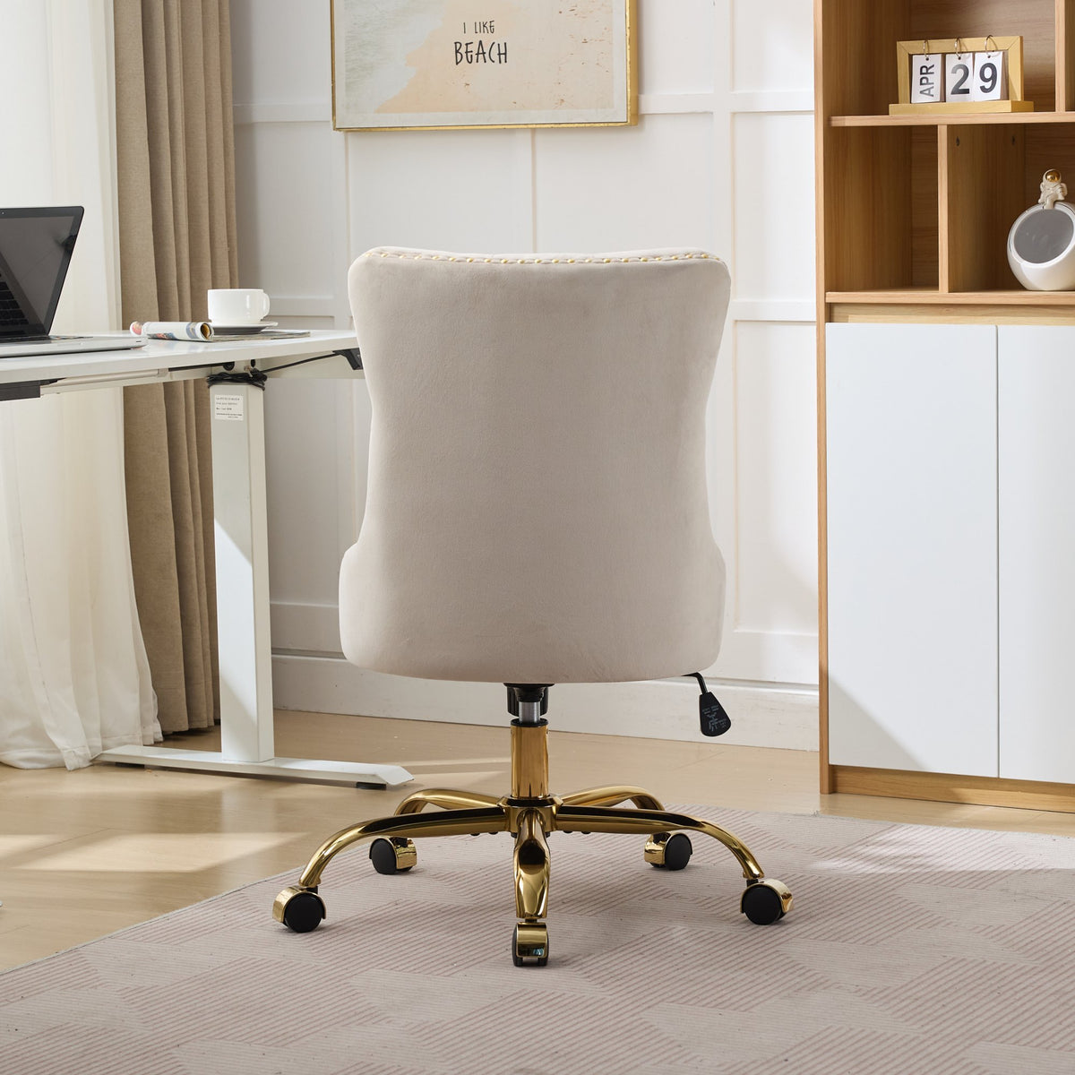 Beige A&A Velvet Tufted Office Chair by Anthony & Home with adjustable height, swivel base, modern ergonomic design