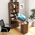 L-shaped corner desk with hutch in oak veneer from Anthony & Home, featuring spacious workspace and storage compartments.