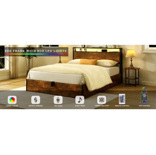 Wooden Platform Bed Frame With Lift Storage And Charging
