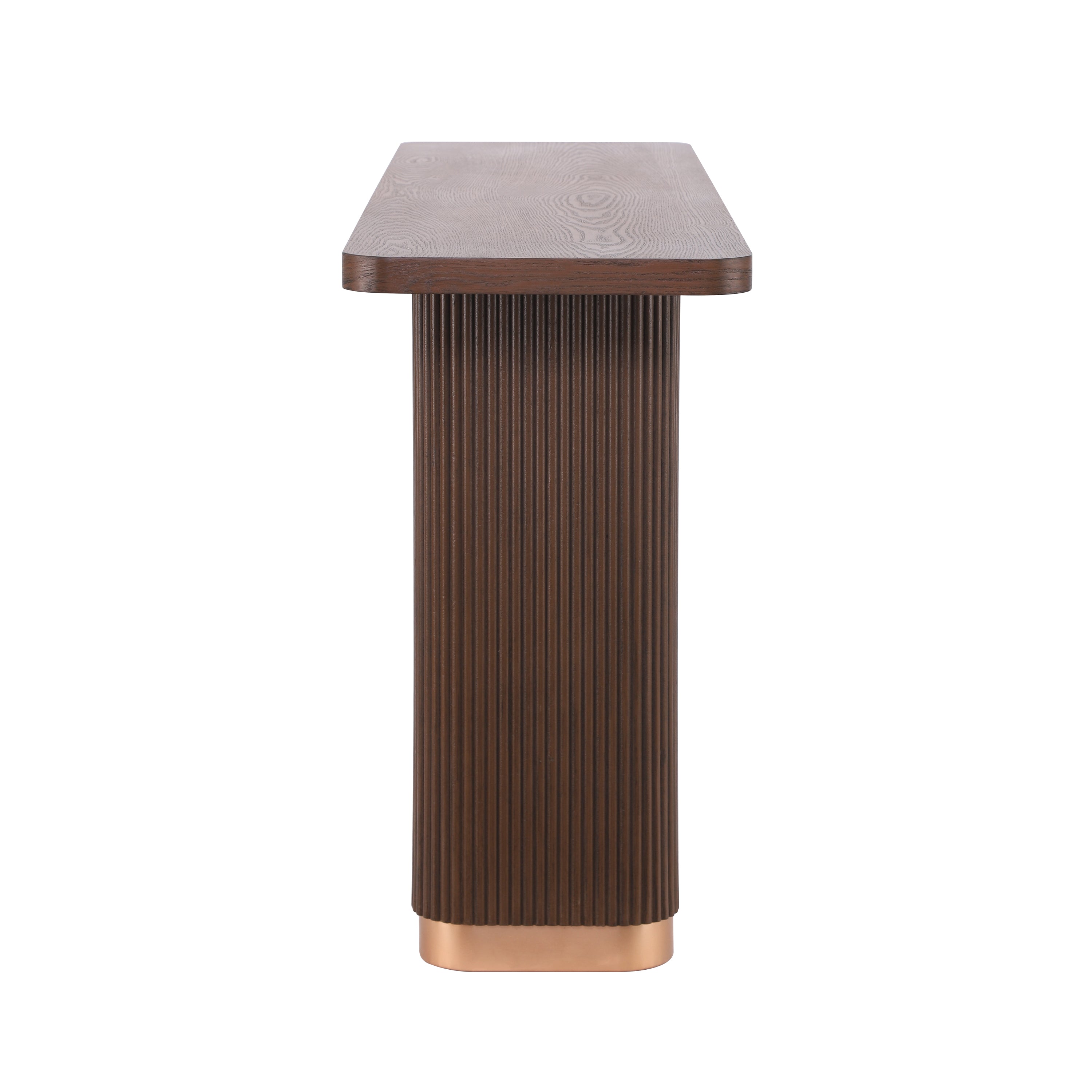 Anthony & Home console table with ash veneer top, fluted base, and metal accents in a modern studio design.