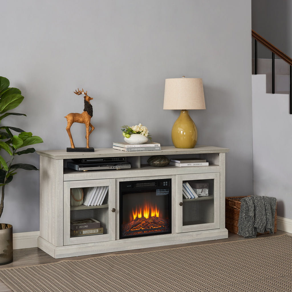 Stone gray finish Anthony & Home Studio TV media console with built-in fireplace, showcasing a modern design and sleek storage.