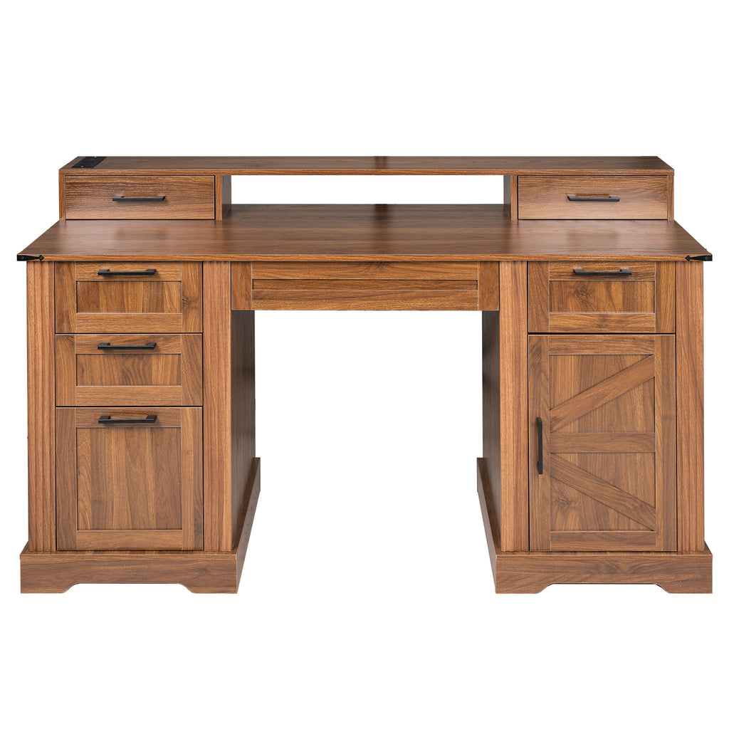 Anthony & Home Atelier Dark Walnut Farmhouse Office Desk with barn door, monitor stand, and built-in charging station in a modern workspace setting.