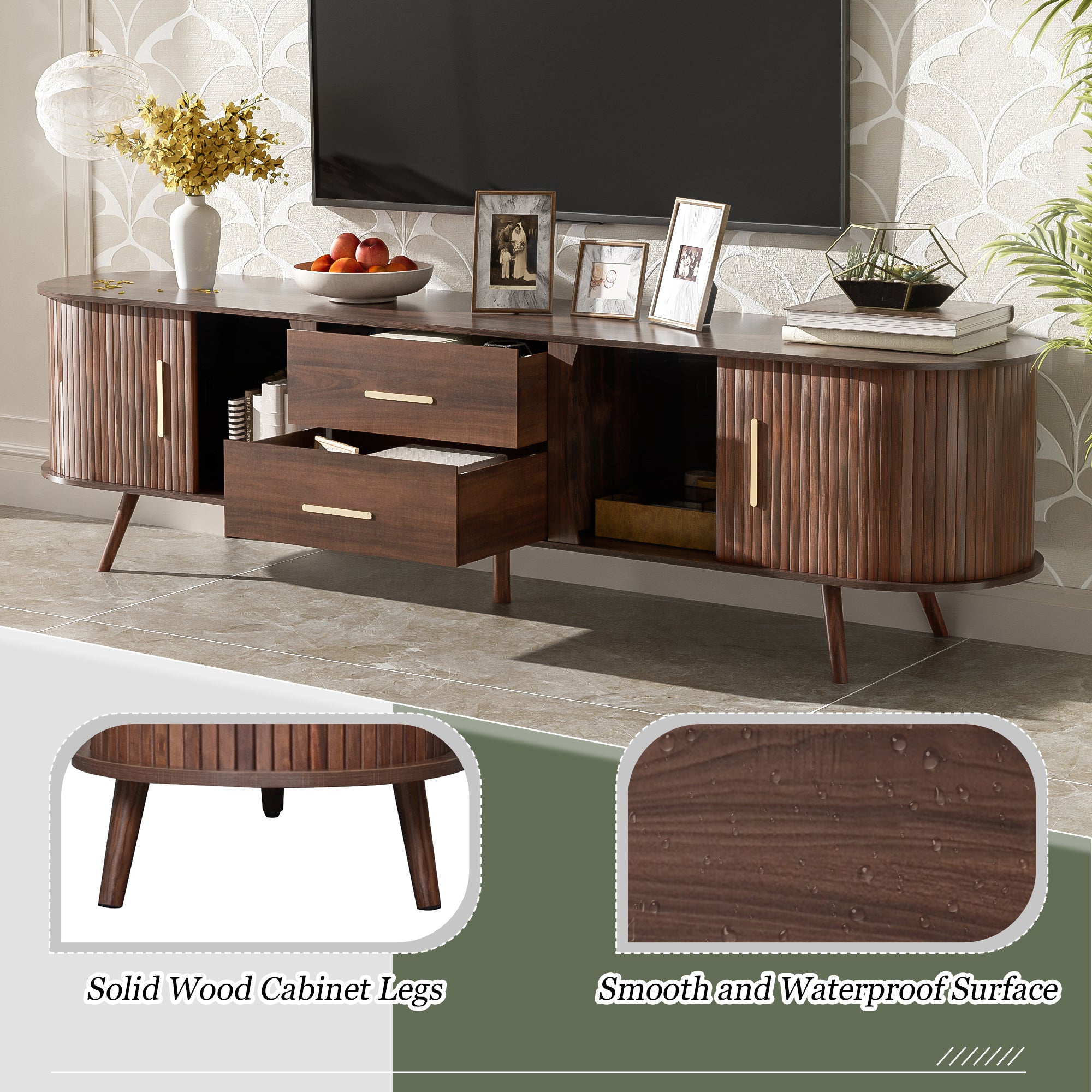 Dark brown mid-century modern TV stand with storage, solid wood construction from Anthony & Home Studio Collection.