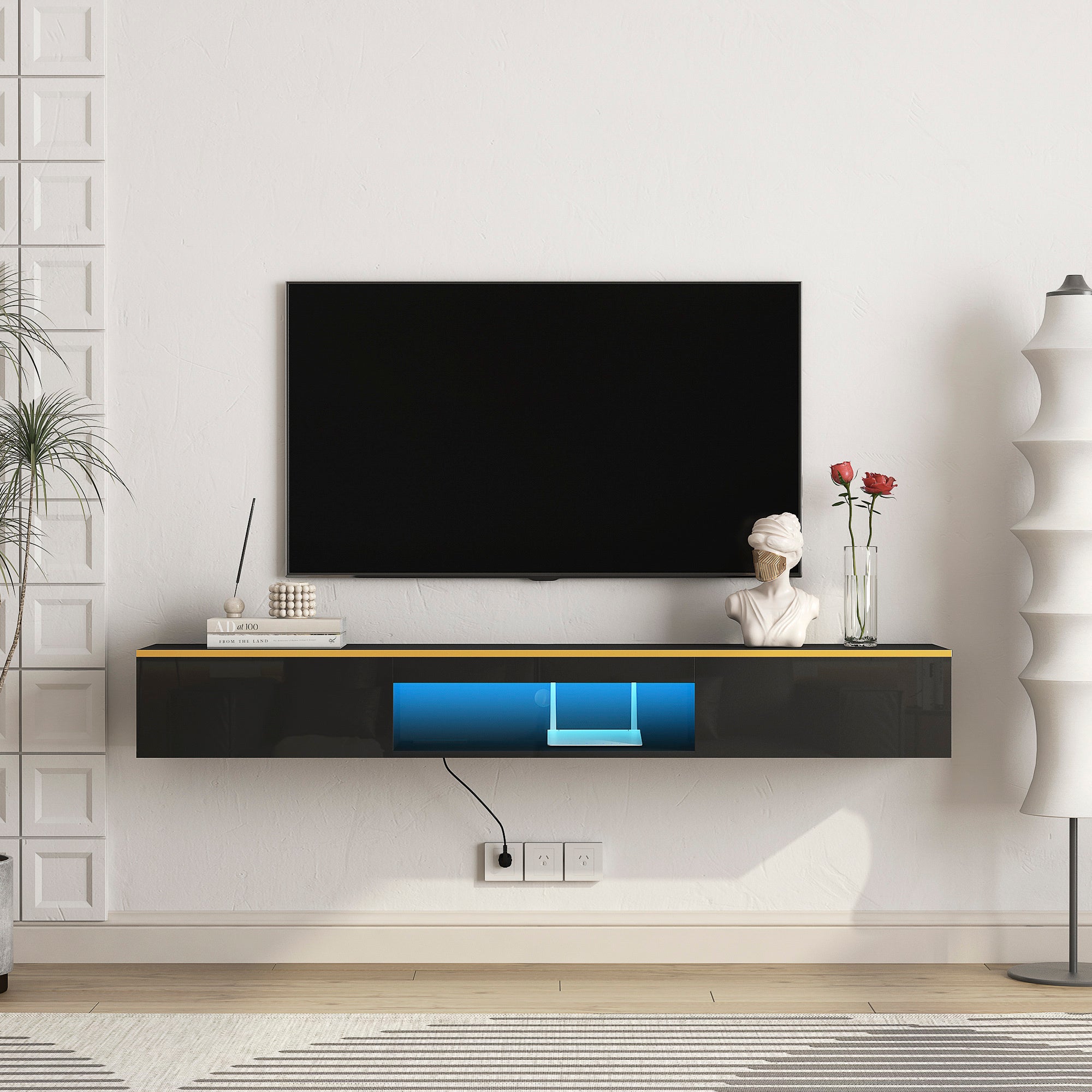 Floating Wall Mounted TV Stand With 16 Color LEDs Black