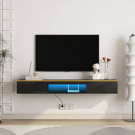 Floating Wall Mounted TV Stand With 16 Color LEDs Black