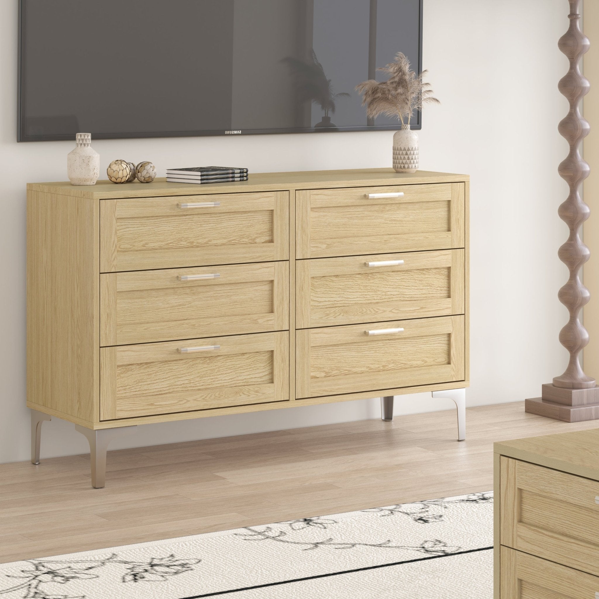 Limited edition six-drawer dresser in light oak engineered wood with polished silver legs by Anthony & Home.