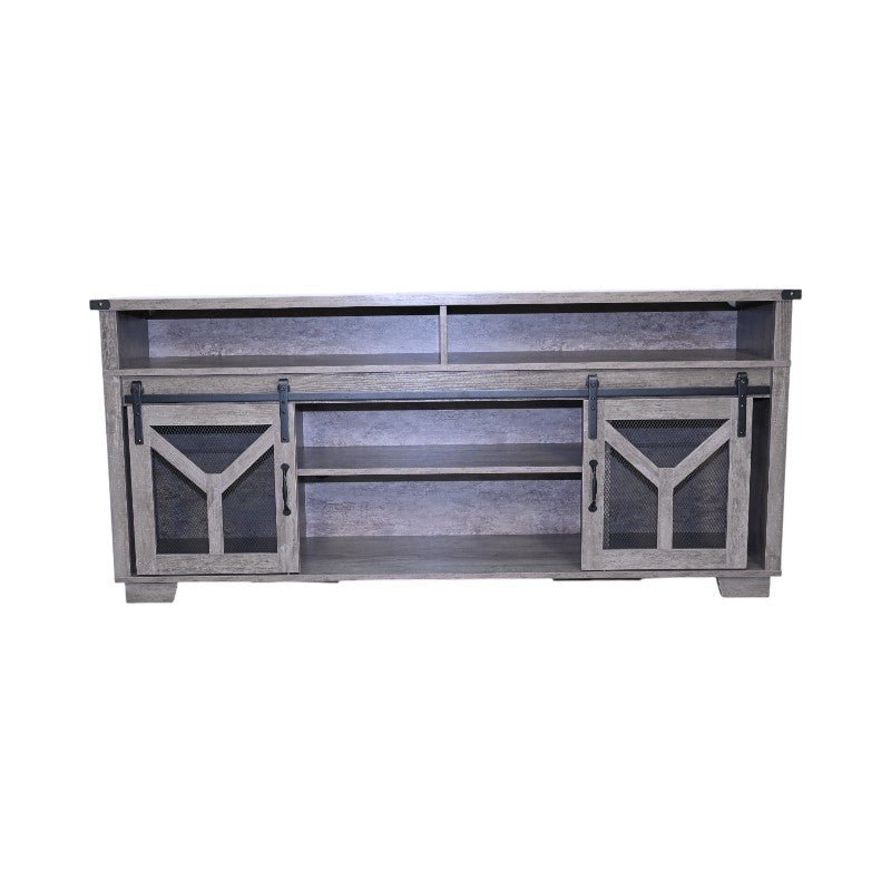 Anthony & Home Iron Mesh Barn Door TV Stand Signature Edition, featuring rustic iron mesh doors and sturdy wood construction.