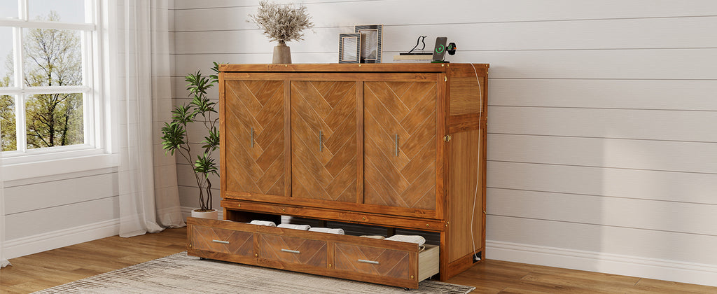 Queen size Walnut Murphy cabinet bed with geometric panel, USB charging station, part of Anthony & Home Studio Collection