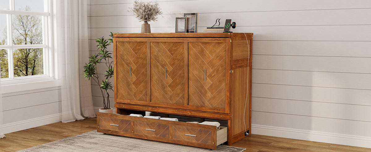 Queen size Walnut Murphy cabinet bed with geometric panel, USB charging station, part of Anthony & Home Studio Collection