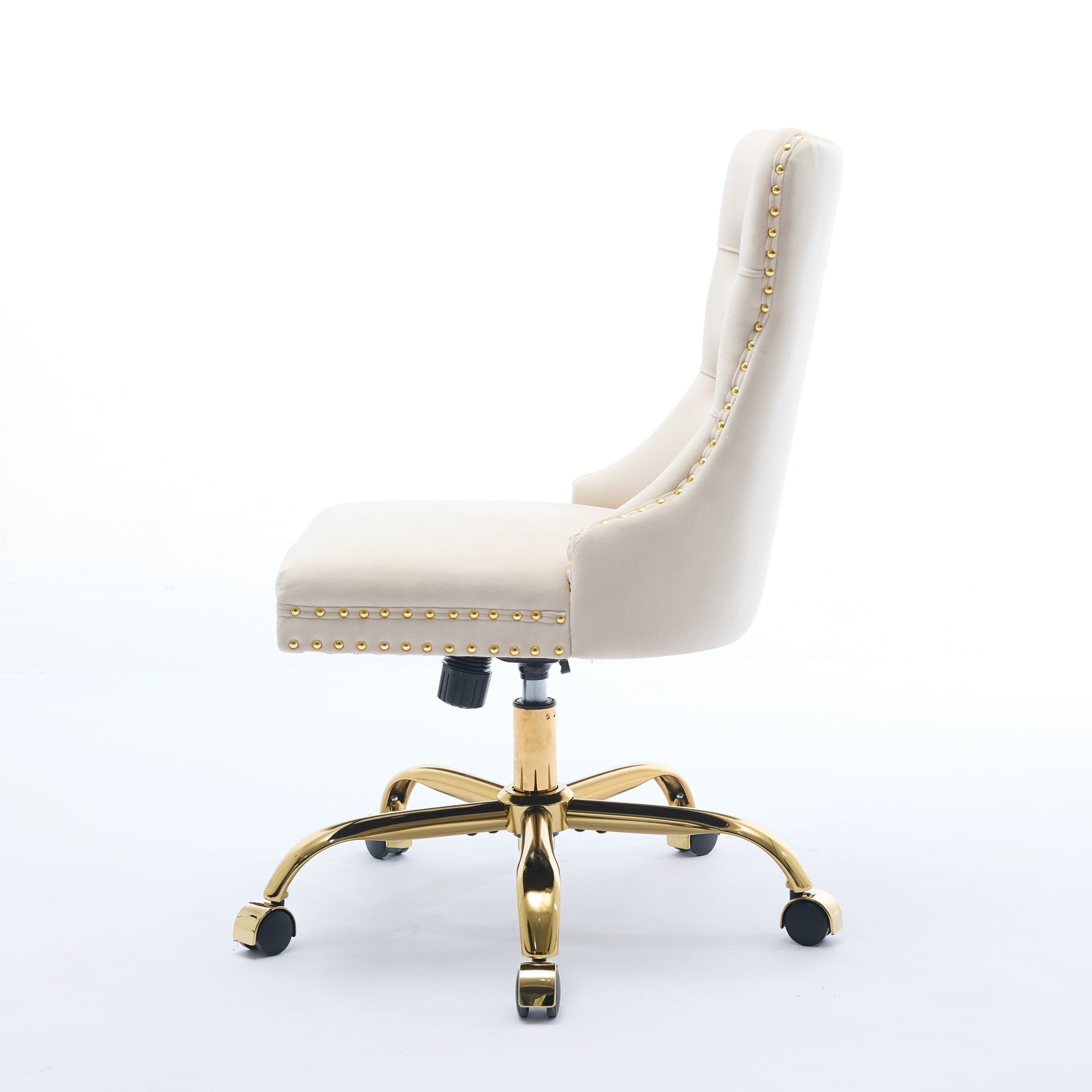 Beige velvet tufted office chair by Anthony & Home, adjustable swivel ergonomic design for modern workspace comfort.