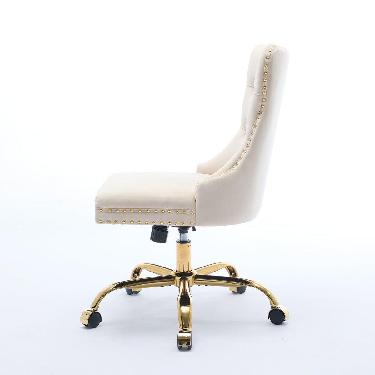 Beige velvet tufted office chair by Anthony & Home, adjustable swivel ergonomic design for modern workspace comfort.