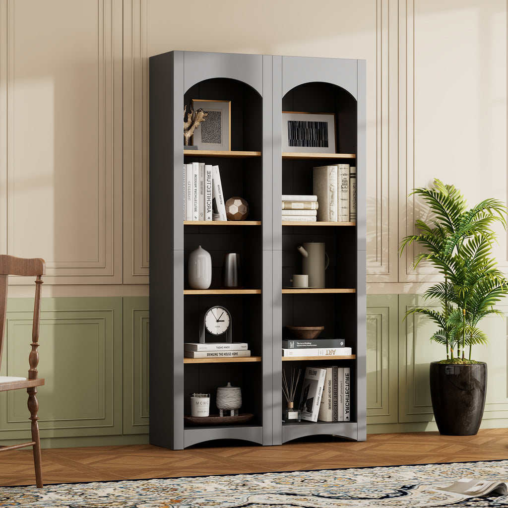 Anthony & Home Atelier two-tone farmhouse 5-tier bookcase set with open shelves and rustic wood finish.