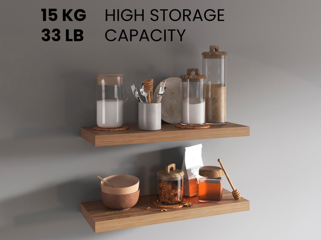Set of two 31.5-inch walnut floating shelves by Anthony & Home, showcasing sleek, modern wall-mounted storage with natural wood finish.