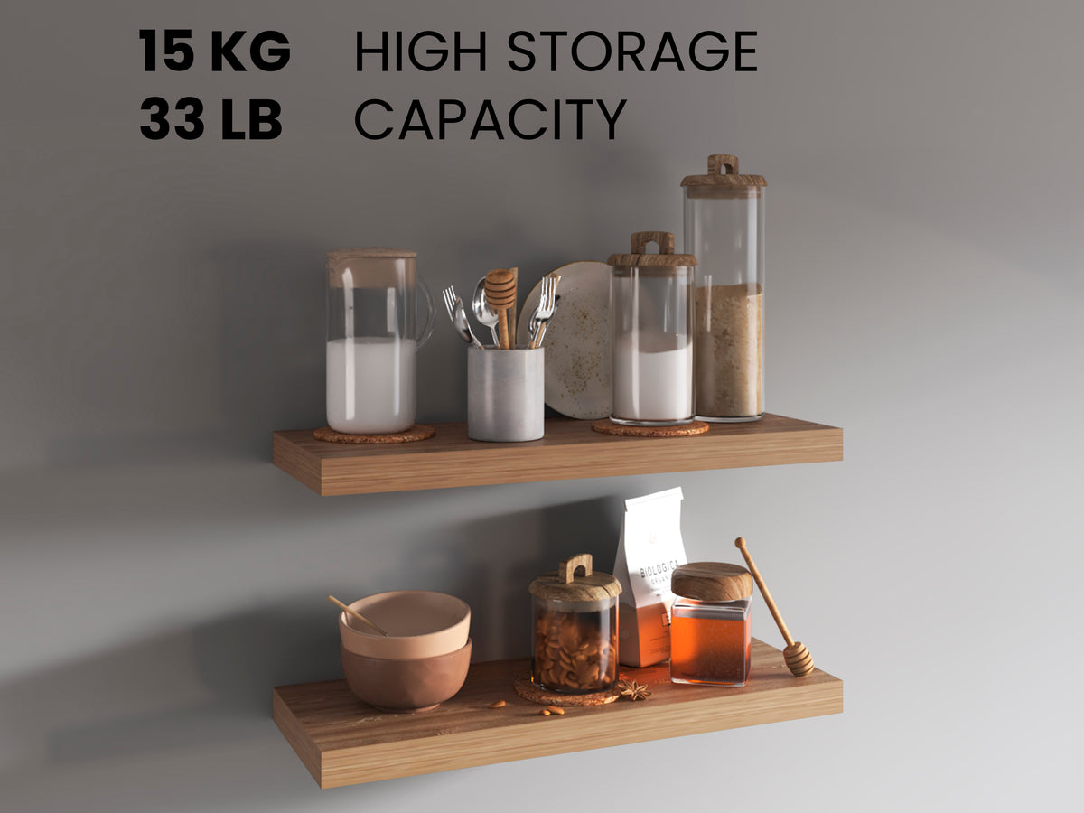 Set of two 31.5-inch walnut floating shelves by Anthony & Home, showcasing sleek, modern wall-mounted storage with natural wood finish.