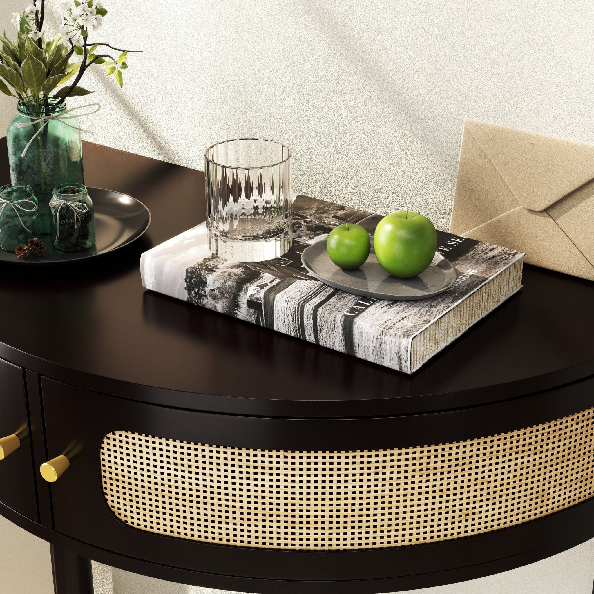 Black solid wood Atelier Demi-Lune end table by Anthony & Home with curved design and smooth finish.