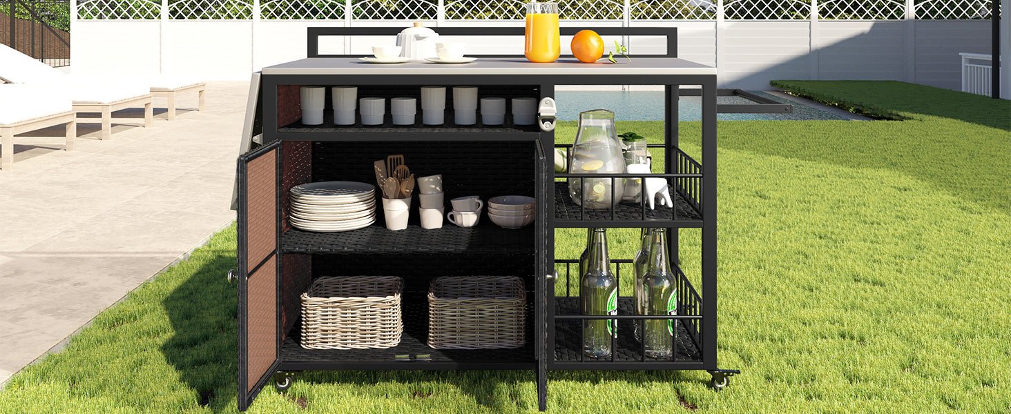 Dark brown PE rattan outdoor kitchen island with storage and folding tabletop, part of Anthony & Home’s premium collection.