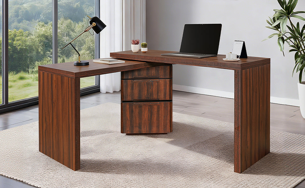 Walnut L-shaped desk by Anthony & Home featuring three drawers and 360-degree rotation, ideal for home office setup.