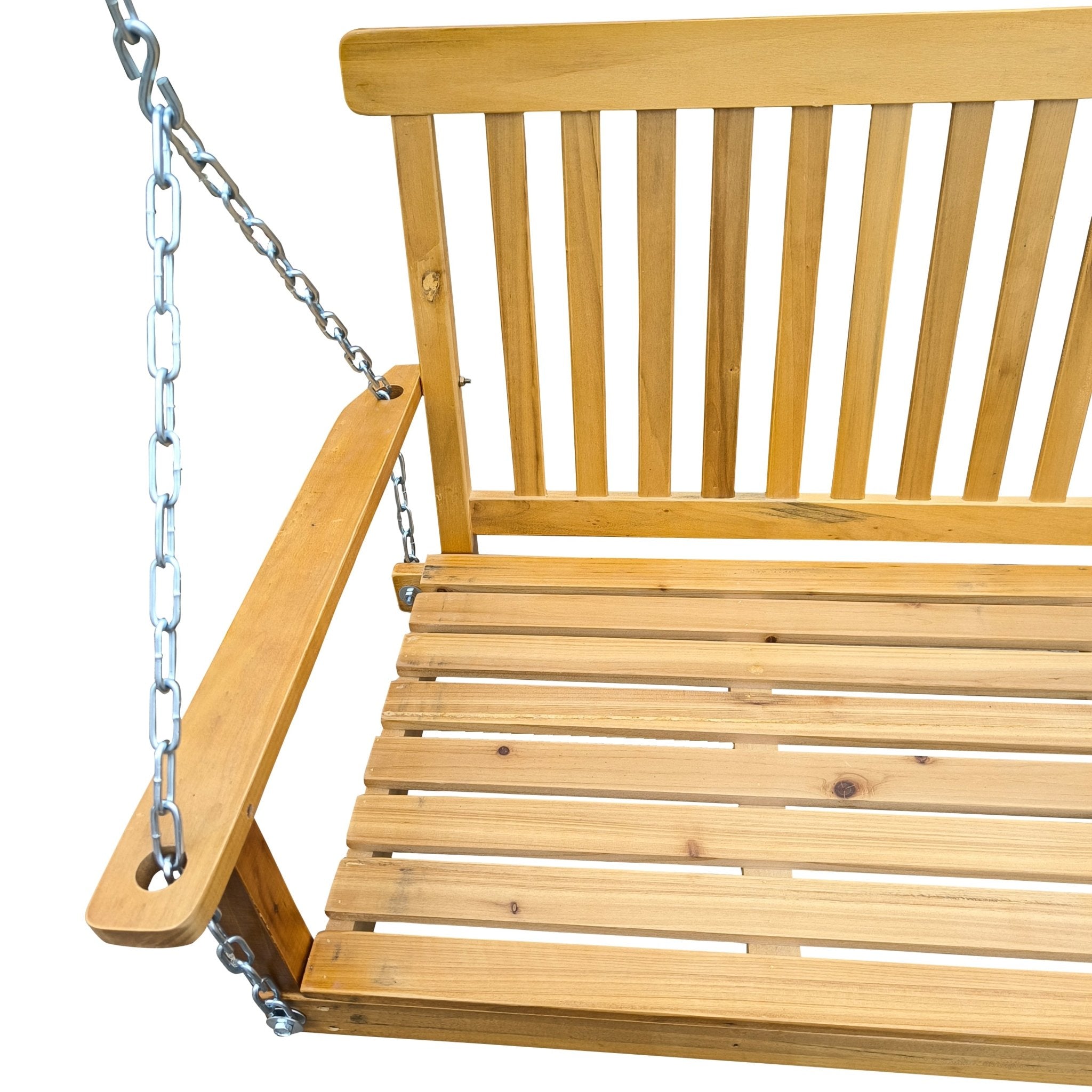 Anthony & Home teak wood porch swing with armrests and hanging chains for outdoor relaxation, part of the Heritage Outdoor Collection.
