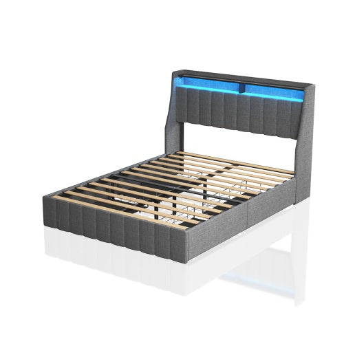 Full Size Bed Frame With Led And Under Bed Storage Drawers