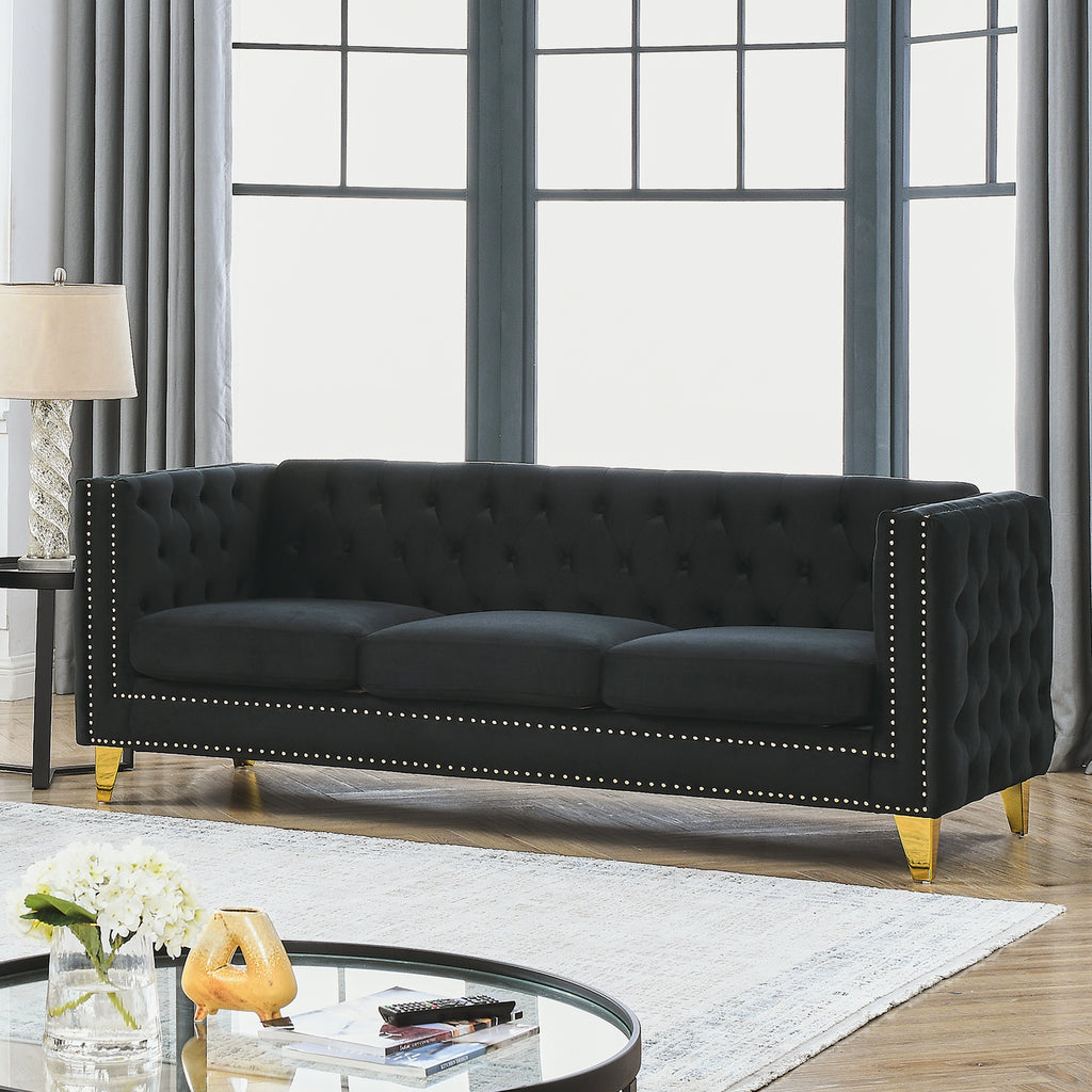 Black Atelier Velvet Tufted 3-Seater Sofa with metal legs by Anthony & Home, showcasing plush upholstery and stylish design.