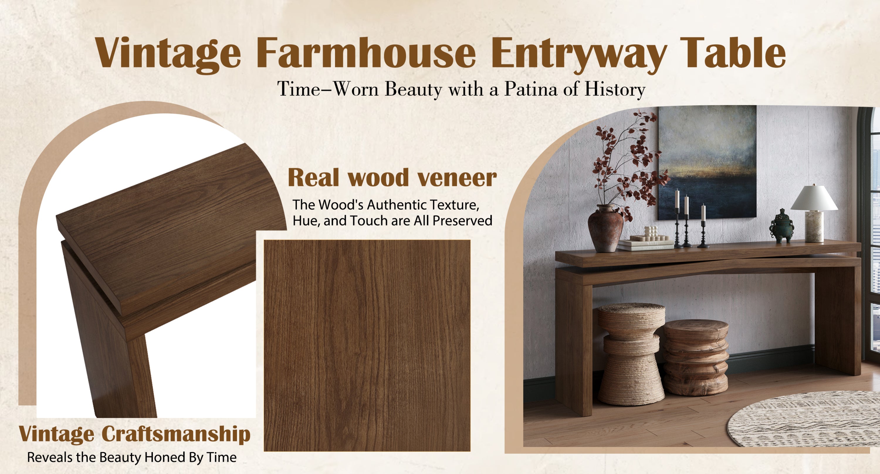 Antique rustic brown Anthony & Home 65-inch solid wood veneer console table with sleek design, ideal for entryway decor.