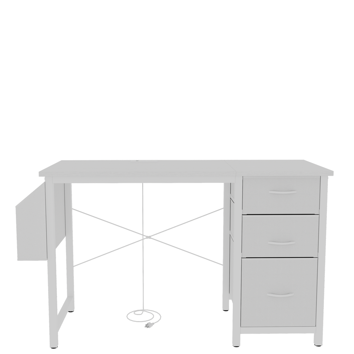 Anthony & Home studio white lacquer office desk with power outlet, three drawers, reversible frame, easy to assemble.