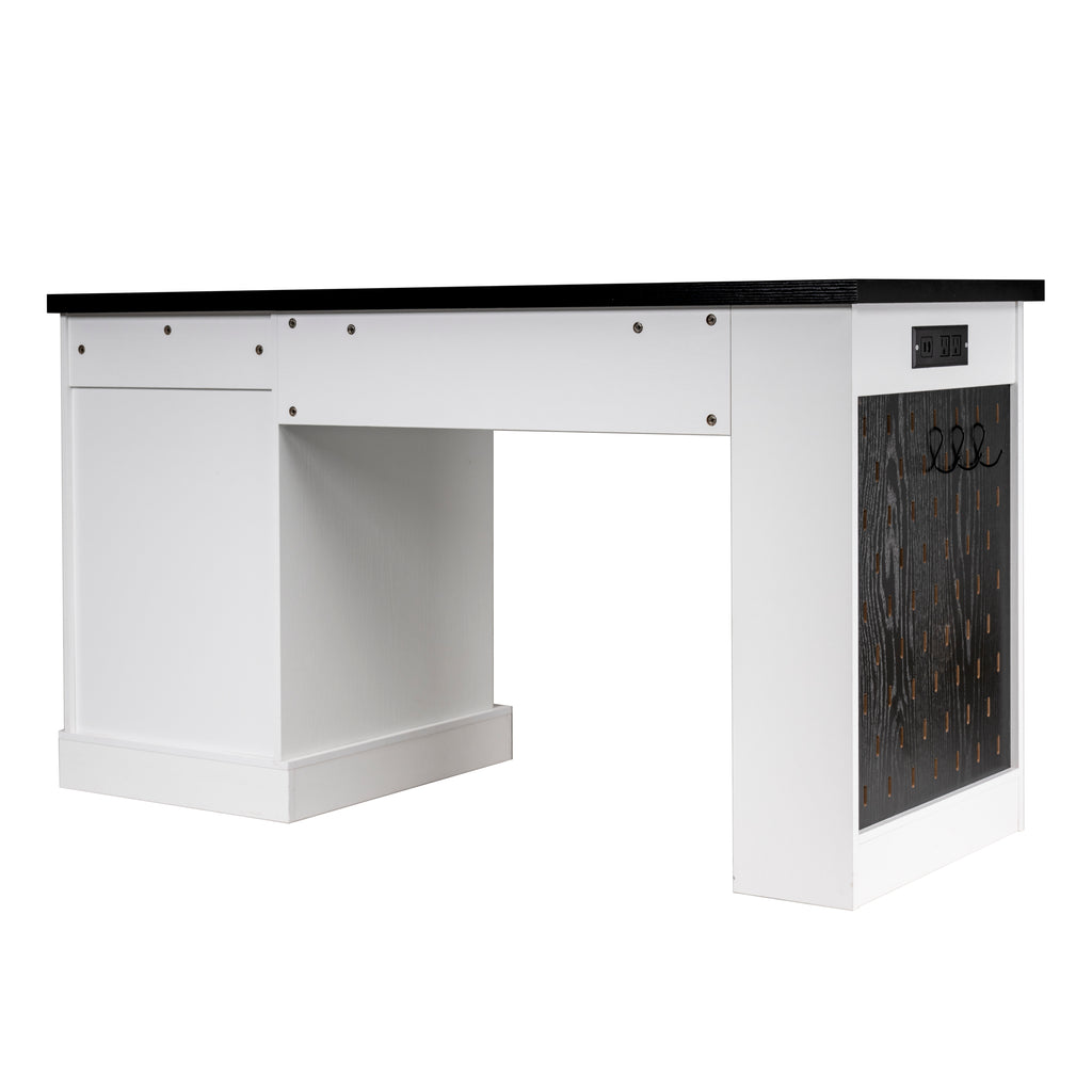 White Atelier Fluted Office Desk with storage cabinet, pegboard, and keyboard tray, 55-inch by Anthony & Home