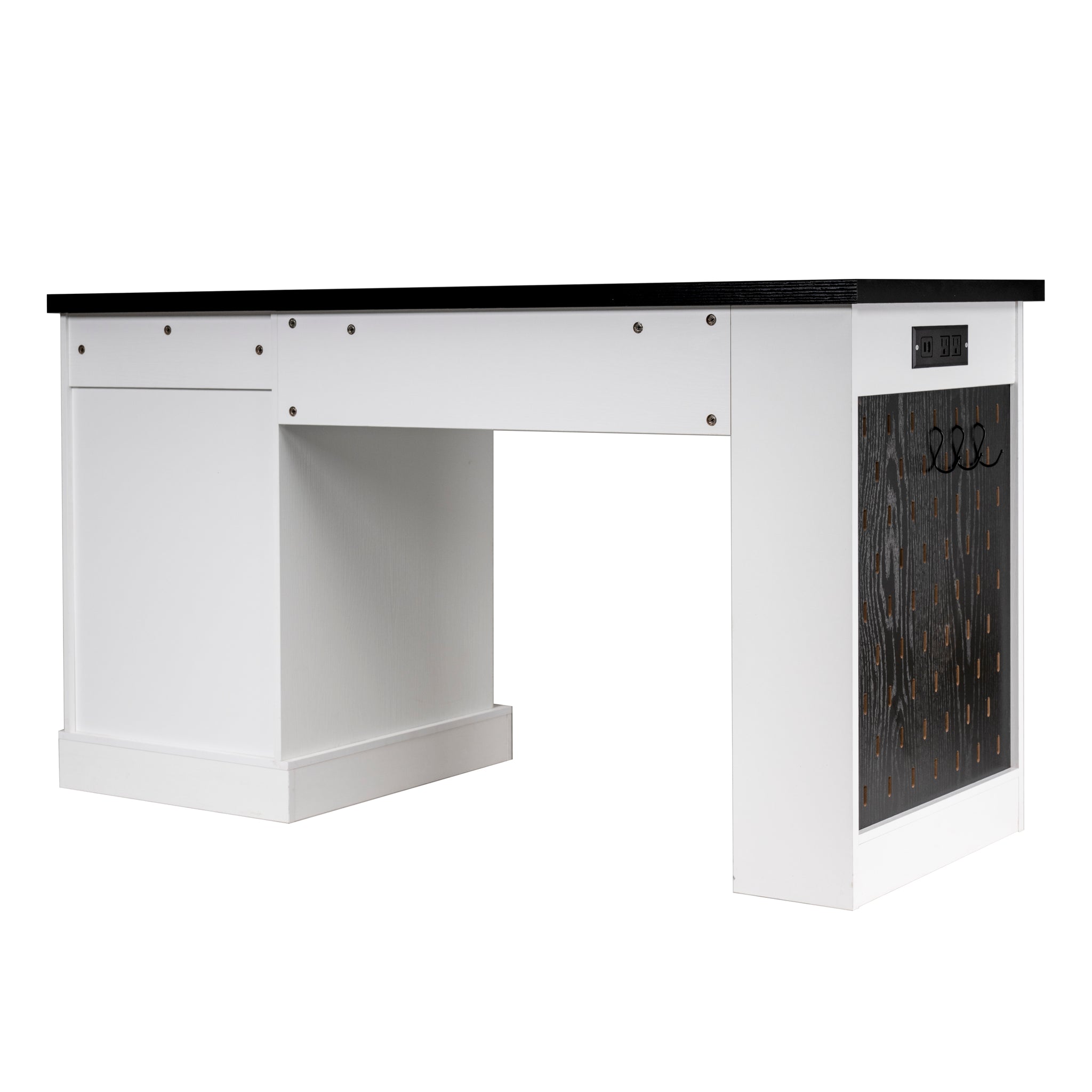 White Atelier Fluted Office Desk with storage cabinet, pegboard, and keyboard tray, 55-inch by Anthony & Home