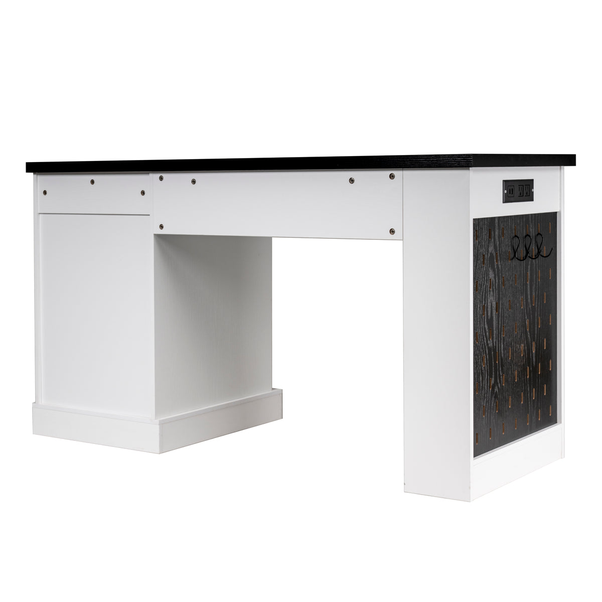White Atelier Fluted Office Desk with storage cabinet, pegboard, and keyboard tray, 55-inch by Anthony & Home