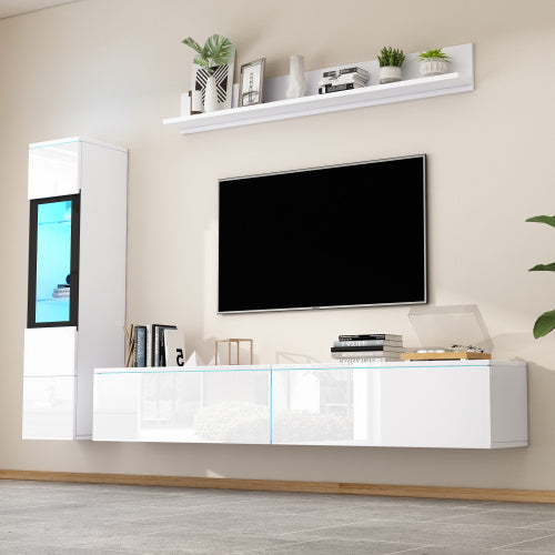 White TV Wall Unit Set Of 3 With LED TV Stand High Gloss
