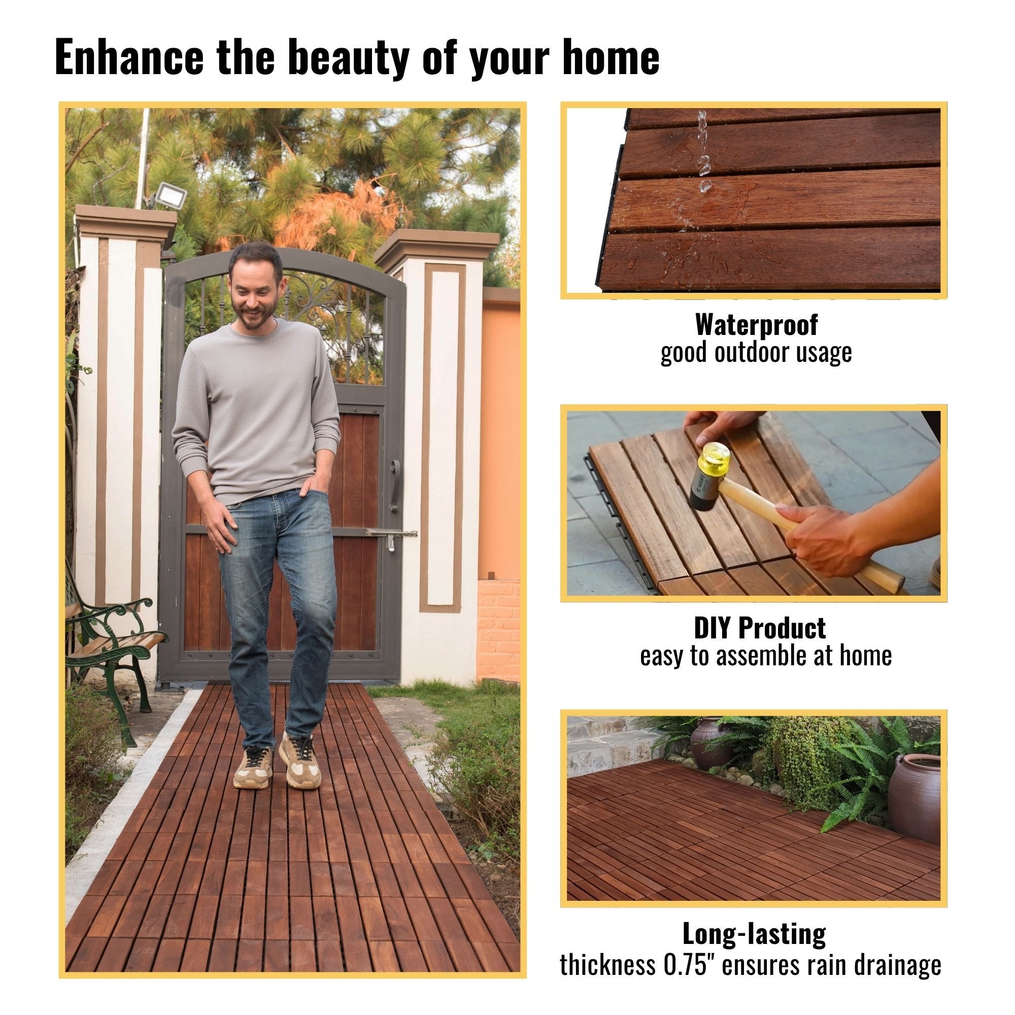 Anthony & Home Acacia Studio Interlocking Deck Tiles in striped pattern, 12-inch size, showing the textured wooden surface.