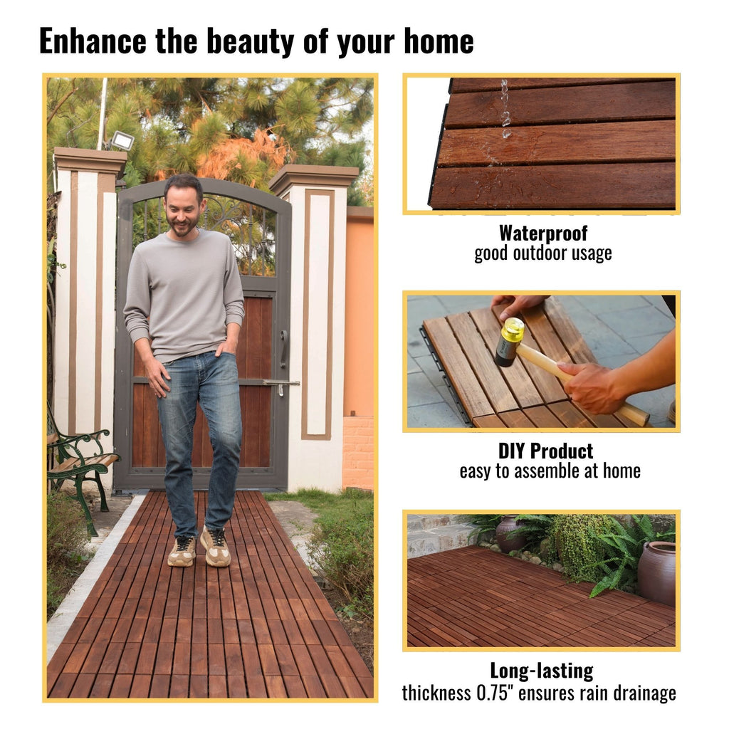 Anthony & Home Acacia Studio Interlocking Deck Tiles in striped pattern, 12-inch size, showing the textured wooden surface.