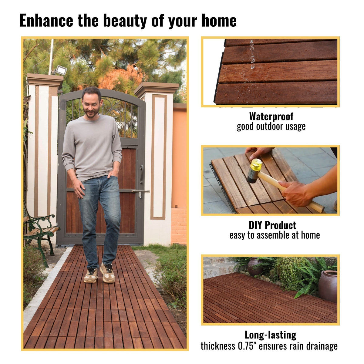 Anthony & Home Acacia Studio Interlocking Deck Tiles in striped pattern, 12-inch size, showing the textured wooden surface.