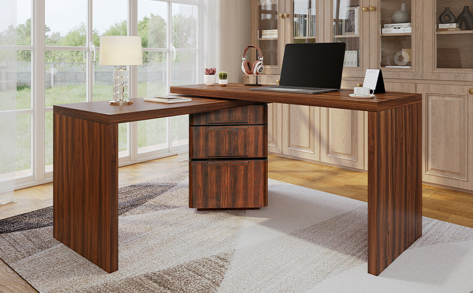 Walnut L-shaped desk with three drawers and 360-degree rotation by Anthony & Home, showcasing a modern office workspace.
