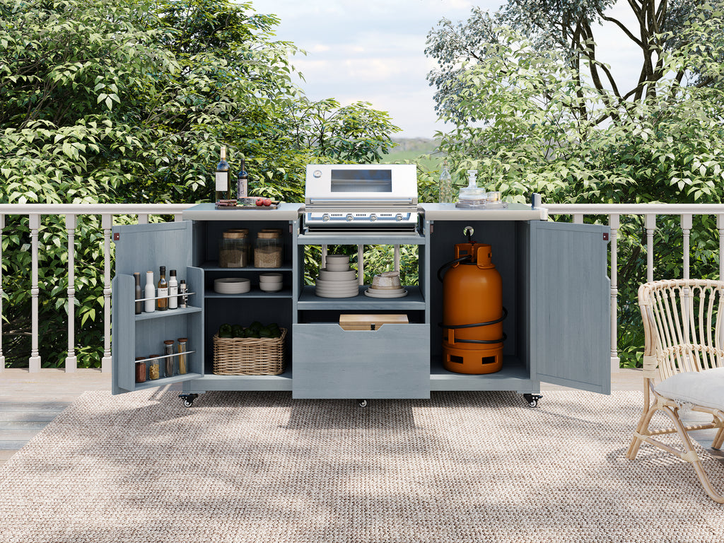 Solid wood outdoor kitchen island designed for Big Green Egg by Anthony & Home, featuring ample prep space and storage.