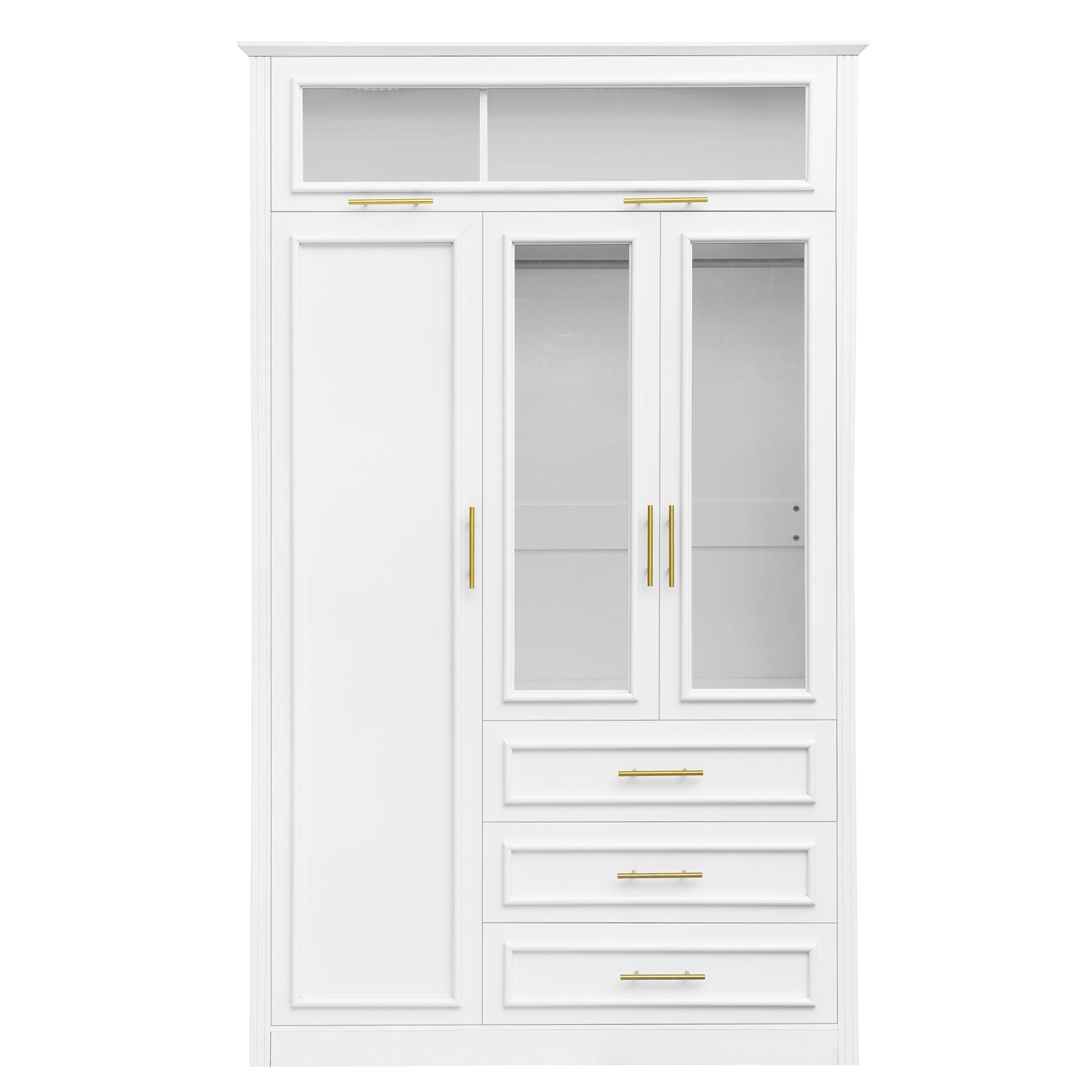 Three Door Wardrobe In Solid Wood And MDF Luxe Collection With LED Lighting White Finish Three Drawers